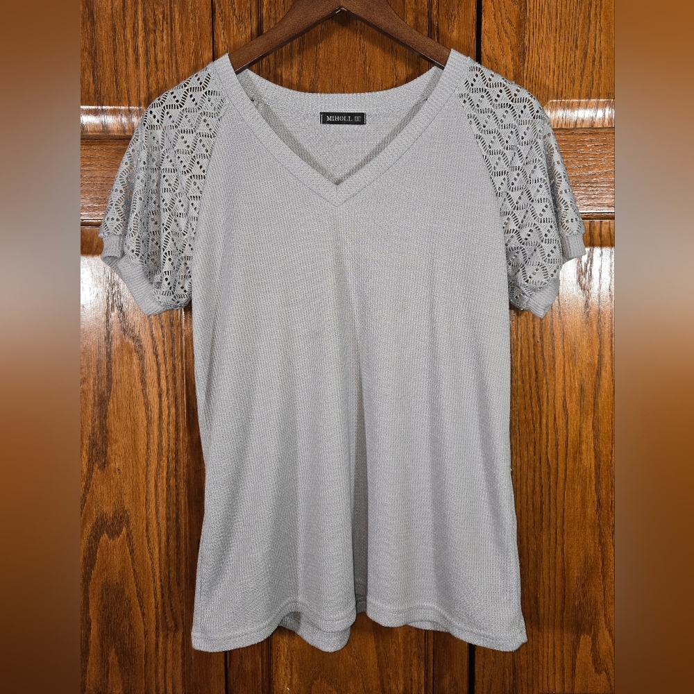 Miholl Lace Shirt Sleeve V Neck Waffle Weave Loose Casual Gray Shirt Sz S
